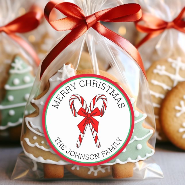 Personalised Candy Canes and Bow Christmas  Classic Round Sticker (Creator Uploaded)