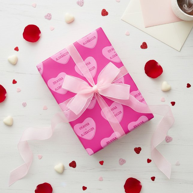 Personalised Candy Hearts Retro Two Names Hot Pink Wrapping Paper (Cute personalized candy heart wrapping paper. Pink hearts with your names or initials on hot pink)