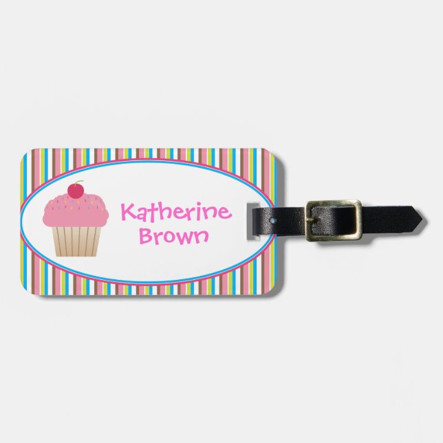 Personalised Candy Striped Cupcake Luggage Tag (Front Horizontal)