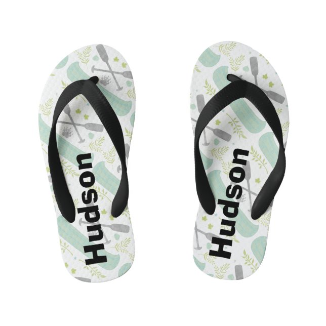 Personalised Canoe & Paddle Mint and Grey Pattern Kid's Jandals (Footbed)