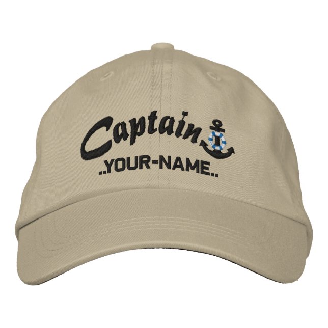 Personalised Captain Lifesaver Anchor Name Black Embroidered Hat (Front)