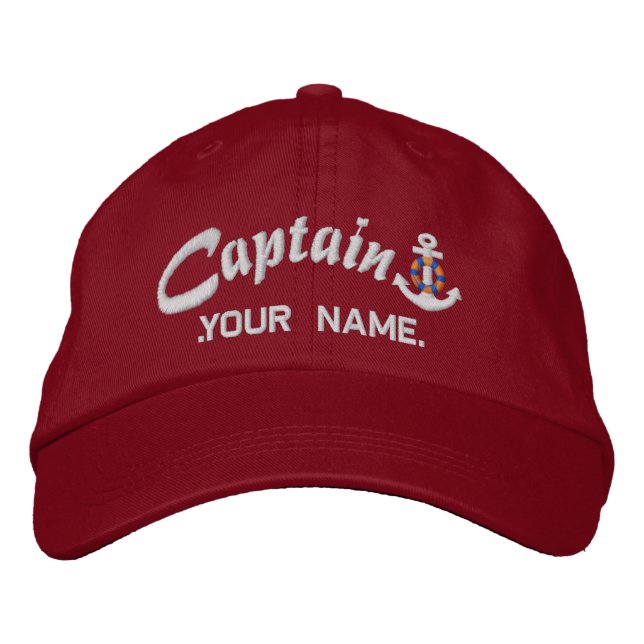 Personalised Captain Lifesaver Anchor Name White Embroidered Hat (Front)