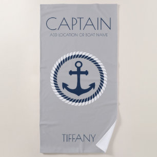 Personalised Captain Nautical Anchor Boat Beach Towel