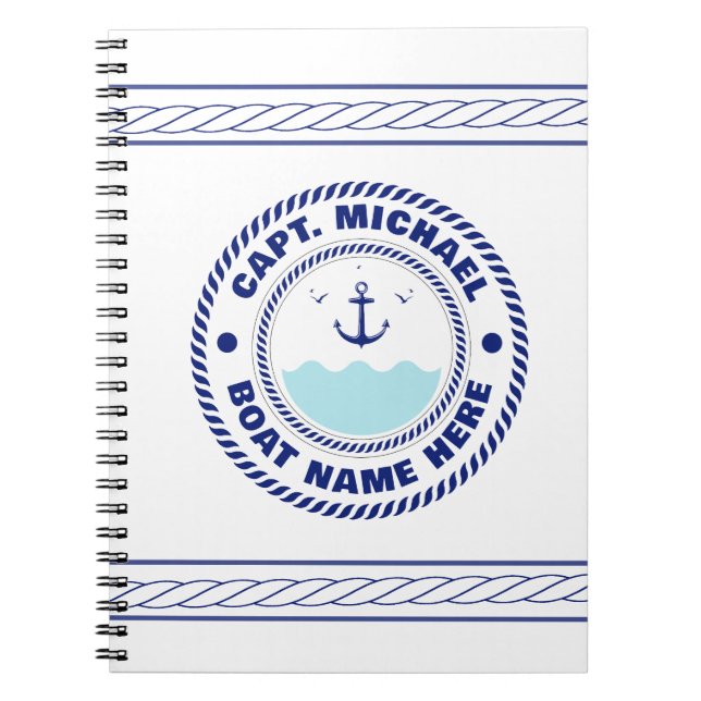Personalised Captain Nautical Anchor Boat Name Notebook (Front)
