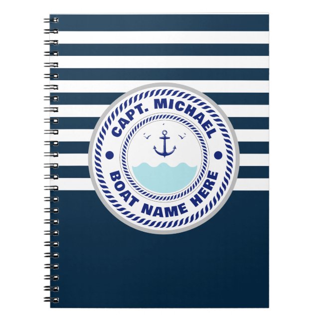 Personalised Captain Nautical Anchor Boat Name Notebook (Front)