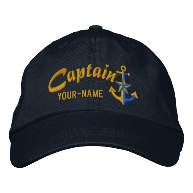 Personalised Captain Nautical Anchor Name Golden Embroidered Hat (Front)