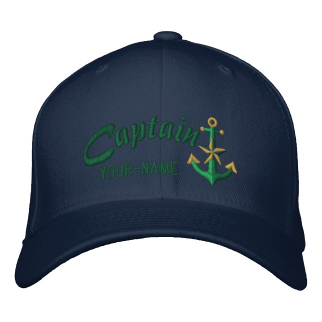 Personalised Captain Nautical Anchor Name Green Embroidered Hat (Front)