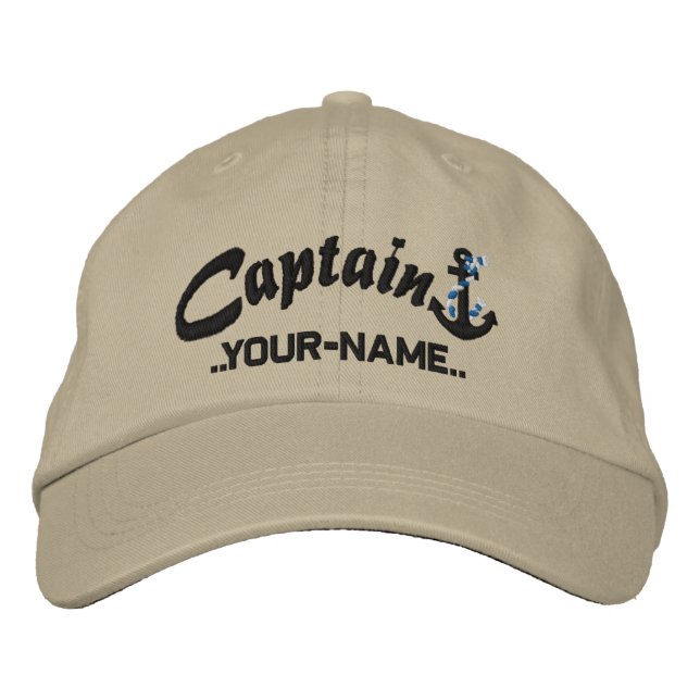 Personalised Captain Rope Anchor Name Black Embroidered Hat (Front)