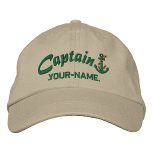 Personalised Captain Rope Anchor Name Green Embroidered Hat