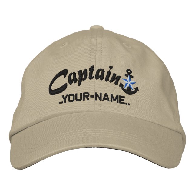 Personalised Captain Star Anchor Name Black Embroidered Hat (Front)
