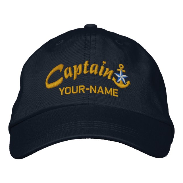 Personalised Captain Star Anchor Name Golden Embroidered Hat (Front)