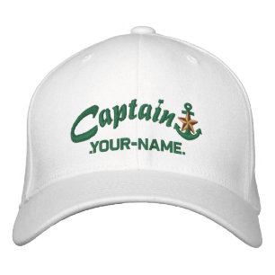 Personalised Captain Star Anchor Name Green Embroidered Hat