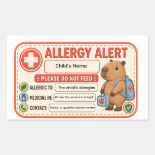 Personalised Capybara Allergy Alert Kids School Da Rectangular Sticker