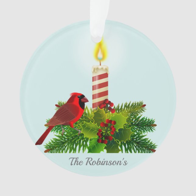 Personalised Cardinal and Candle on Light Blue Ornament (Front)