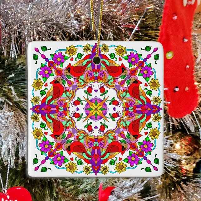 Personalised Cardinal and Flowers Mandala  Ceramic Ornament (Creator Uploaded)