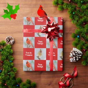 Personalised Cardinal Birds Red Check Christmas Wrapping Paper