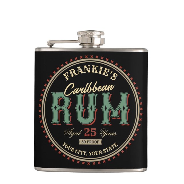 Personalised Caribbean Rum Liquor Bottle Label Bar Hip Flask (Front)