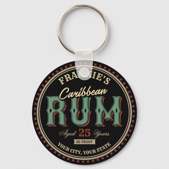 Personalised Caribbean Rum Liquor Bottle Label Bar Key Ring (Front)