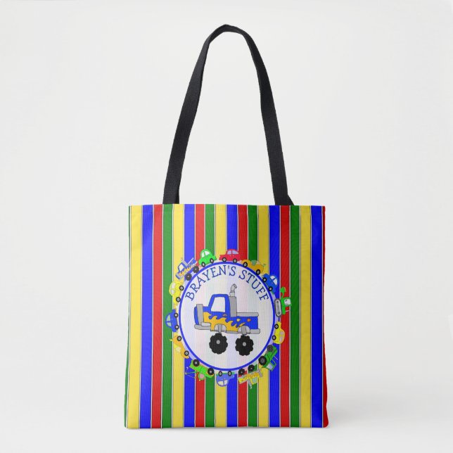 Personalised Cars and Trucks Striped Boy's Tote Bag (Front)