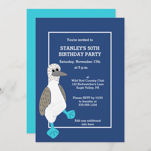 Personalised Cartoon Blue-Footed Booby Bird Party Invitation (Front/Back)