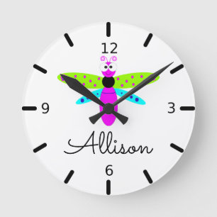 Personalised Cartoon Dragonfly Round Clock