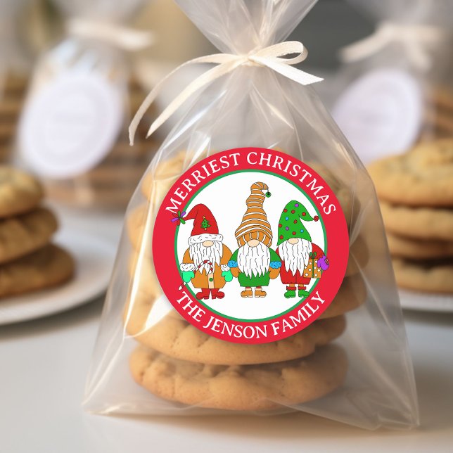 Personalised Cartoon Gnomes Merriest Christmas   Classic Round Sticker (Creator Uploaded)