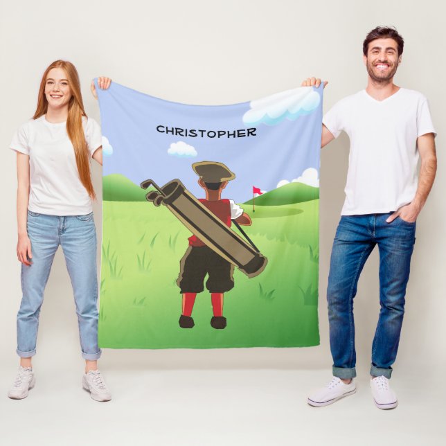 Personalised cartoon golfer fleece blanket (In Situ)