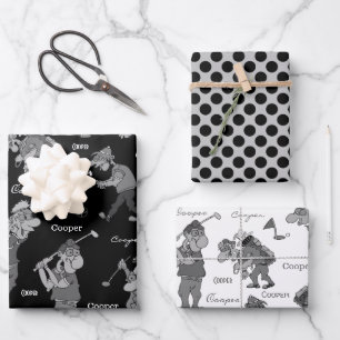 Personalised Cartoon Golfers Wrapping Paper Sheet