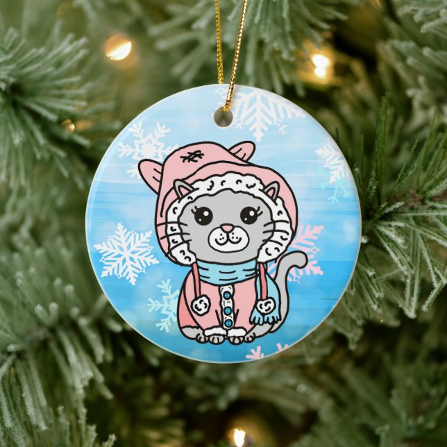 Personalised Cartoon Kitty Cat in Winter Hat    Ceramic Tree Decoration (Tree)