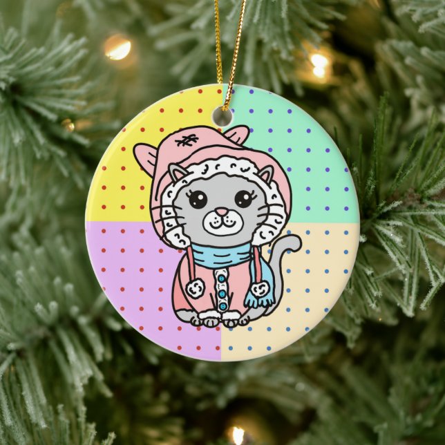 Personalised Cartoon Kitty Cat in Winter Hat   Ceramic Tree Decoration (Tree)