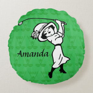 Personalised cartoon Lady golfer Round Cushion