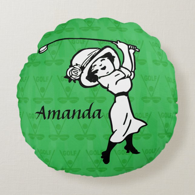 Personalised cartoon Lady golfer Round Cushion (Front)