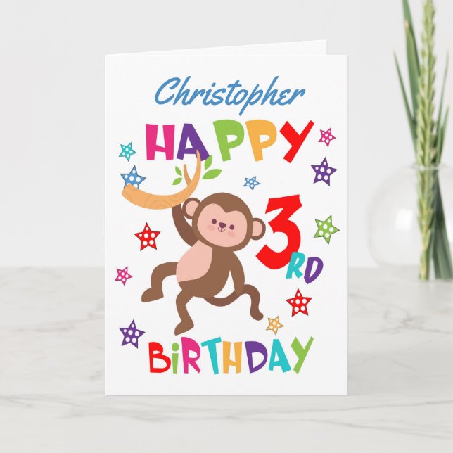 Personalised Cartoon Monkey 3rd Birthday Card (Front)