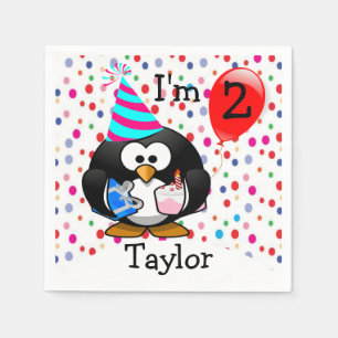 Personalised Cartoon Penguin 2nd Birthday Party Napkin