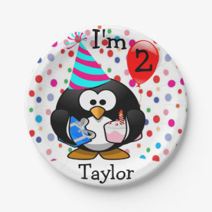 Personalised Cartoon Penguin 2nd Birthday Party Paper Plate