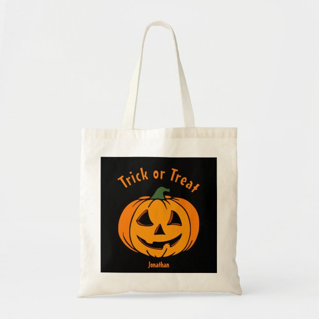 Personalised Carved Spooky Pumpkin Trick or Treat Tote Bag (Front)