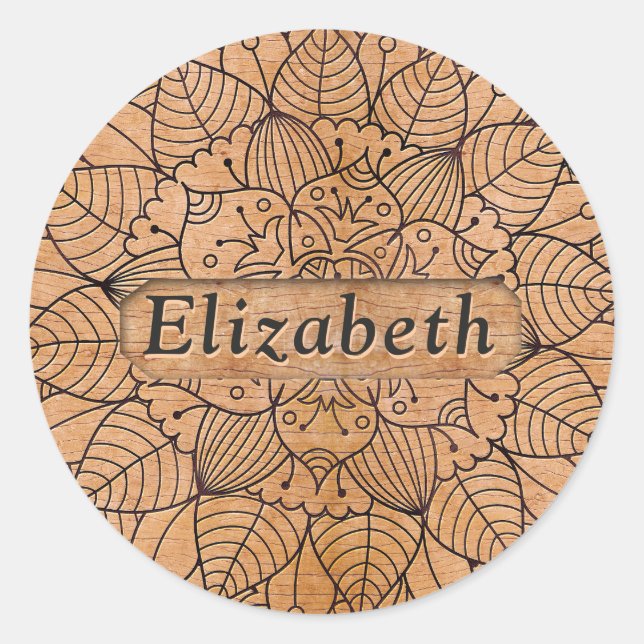 Personalised Carved Wood Floral Mandala Classic Round Sticker (Front)
