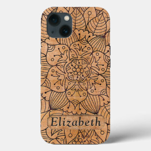 Personalised Carved Wood Floral Mandala iPhone 13 Case
