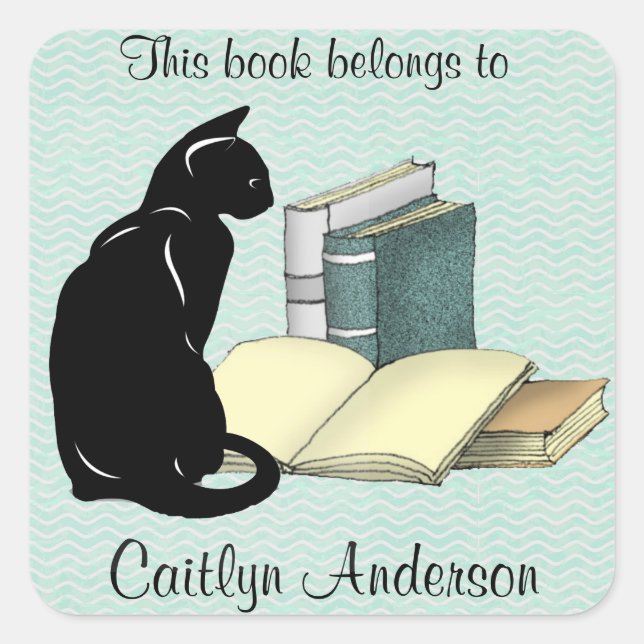 Personalised Cat and Books Bookplate Sticker (Front)