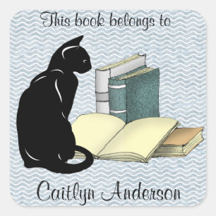 Personalised Cat and Books Bookplate Sticker