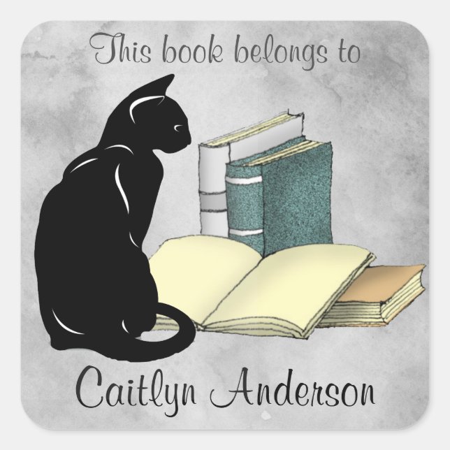Personalised Cat and Books Bookplate Sticker (Front)
