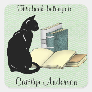 Personalised Cat and Books Bookplate Sticker