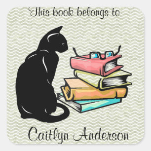 Personalised Cat and Books Bookplate Sticker