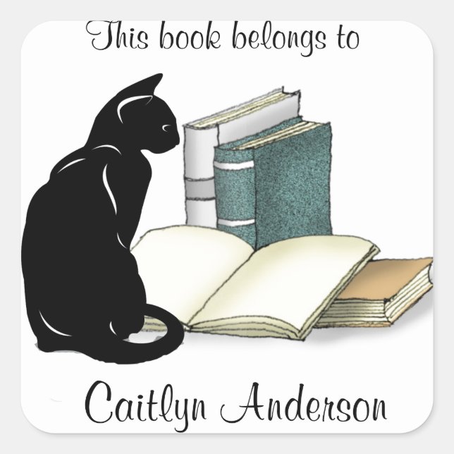 Personalised Cat and Books  Bookplate Sticker (Front)