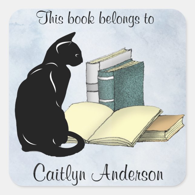Personalised Cat and Books Bookplate Sticker (Front)