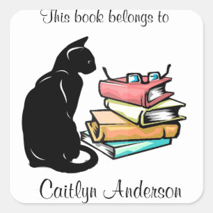 Personalised Cat and Books Bookplate Sticker