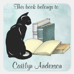 Personalised Cat and Books Bookplate Sticker