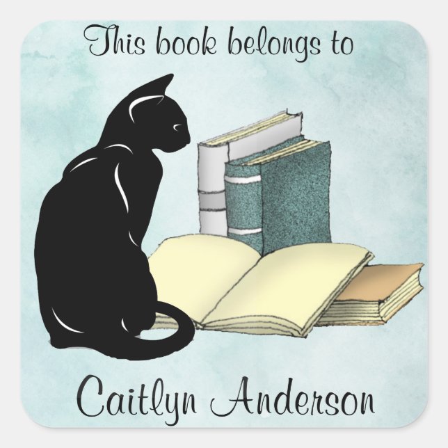 Personalised Cat and Books Bookplate Sticker (Front)