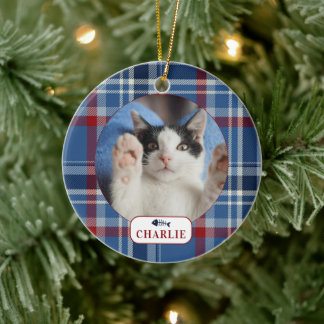 Personalised Cat Blue Plaid Pet Photo Ceramic Tree Decoration