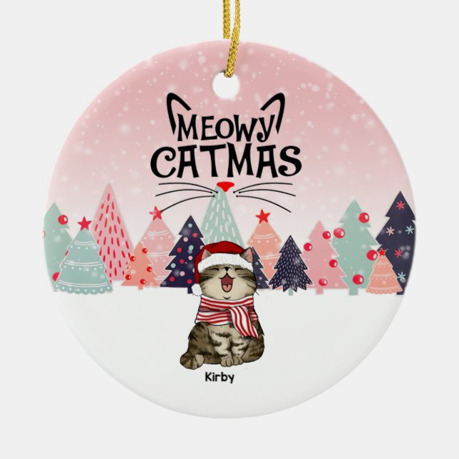 Personalised Cat Christmas Ornament, Meowy Xmas Ceramic Tree Decoration (Front)